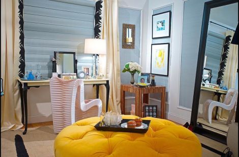 Custom upholstered round diamond tufted ottoman in bright yellow velvet designed by Bespoke By Luigi Gentile. Interiors by KT Design Solutions