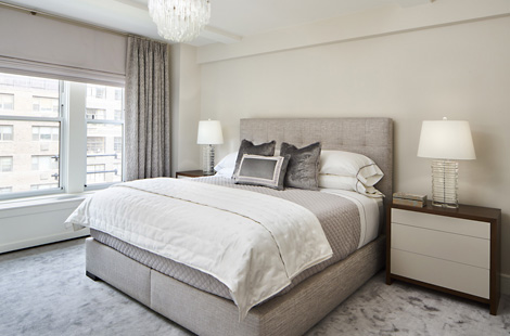 Custom upholstered Jefferson bed shown cool toned grey master bedroom on the Upper East Side. Upholstery: Bespoke By Luigi Gentile. Interiors: Gale Sitomer Design. Photography: Alex Kroke