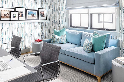 Custom upholstered Chelsea Sofa with light blue velvet perfect for a chic contemporary home office. Interiors: Robyn Karp Design. Upholstery: Bespoke By Luigi Gentile