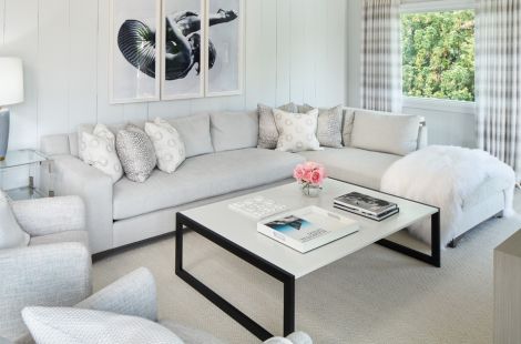 Custom upholstered left arm facing, Beekman L Shape sectional sofa with rustic grey wooden details for Robyn Karp Design. 