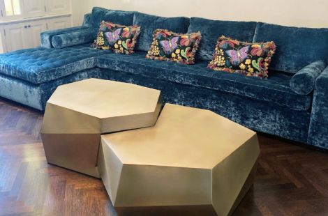 Beautiful blue crushed velvet custom upholstered Bespoke sectional with buttonless box tufted seat cushions, loose back cushions and round bolster pillows. \r\nInteriors: Bibi Monnahan \r\nUpholstery: Bespoke by LG