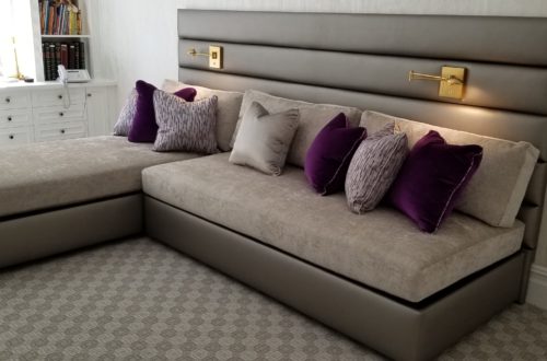 Custom Upholstered daybed with channeling and overhead lights by Bespoke by Luigi Gentile