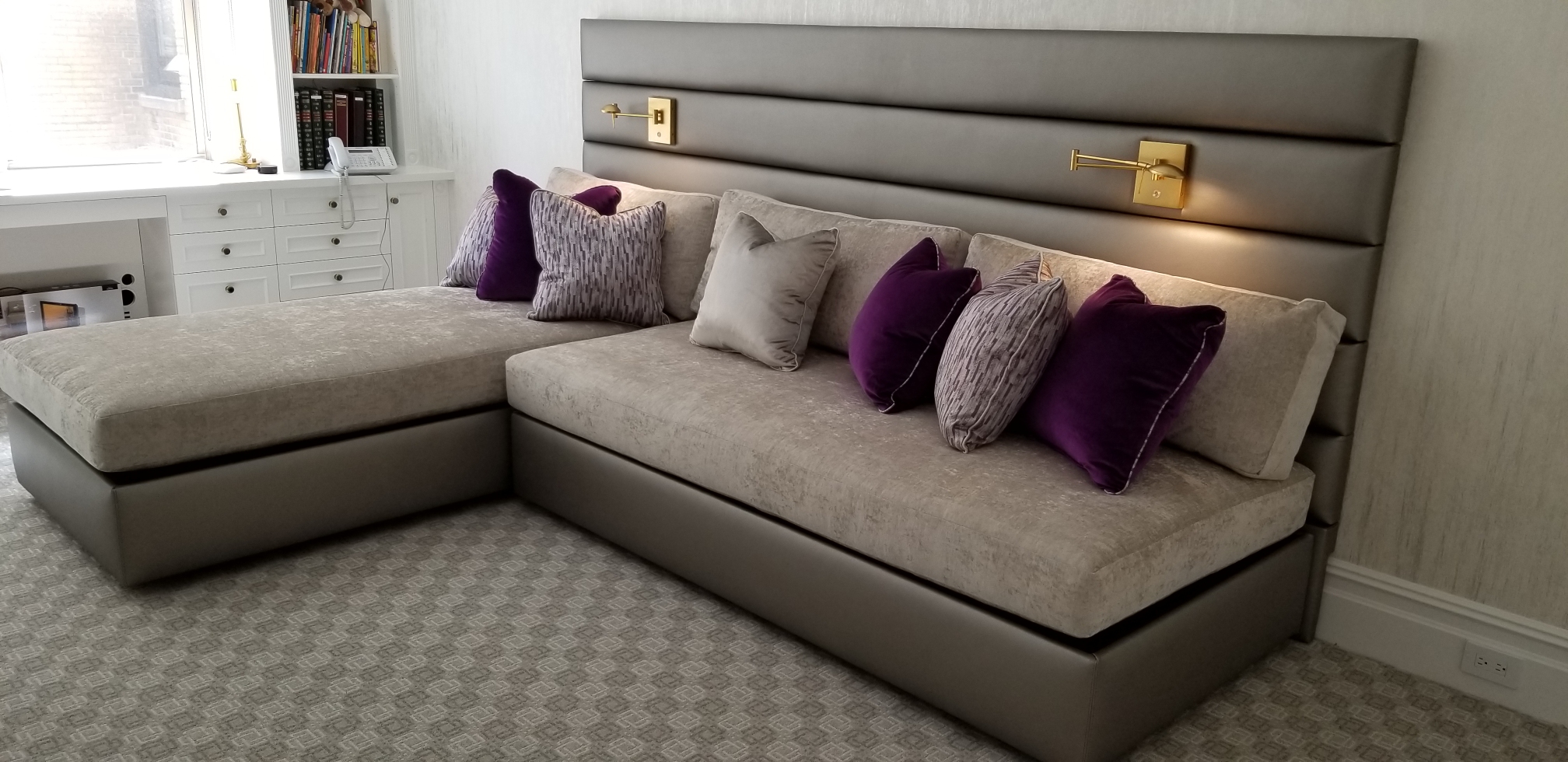 Custom Upholstered daybed with channeling and overhead lights by Bespoke by Luigi Gentile