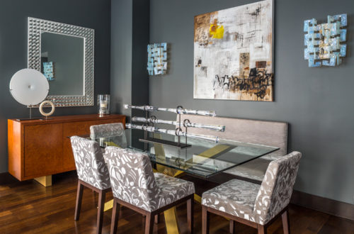 Custom upholstered dining chairs and banquette with solid walnut legs by Bespoke by Luigi Gentile