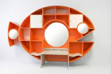 Aquatic-inspired custom wall unit with desk, mirror, cubbies, and concealed storage. Fully customizable and handcrafted to order.