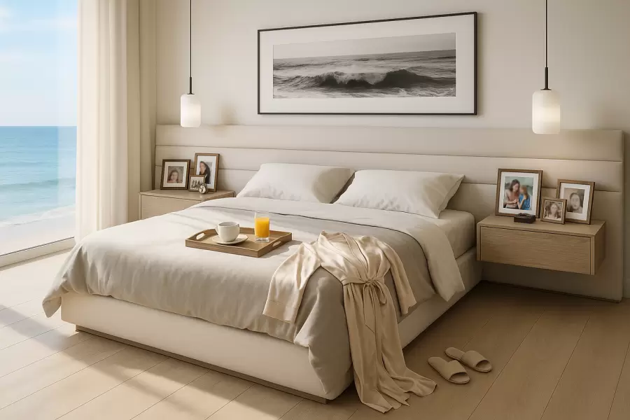 Our custom built-in Eckford bed inclusive of floating nightstands. Elegance, serenity and versatility all in one piece!