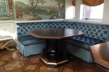 Elegant and classic.  A Bespoke diamond tufted banqutte and dining table made for a landmark town house in NYC.