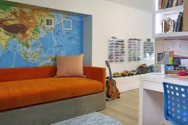 What and amazing use of our custom Chambers trundle bed. A fun and colorful room that sleeps two comfortably without compromises