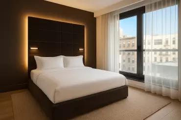 Our custom Miami bed in espresso velvet with tall panel headboard, integrated lighting, and minimal platform base.