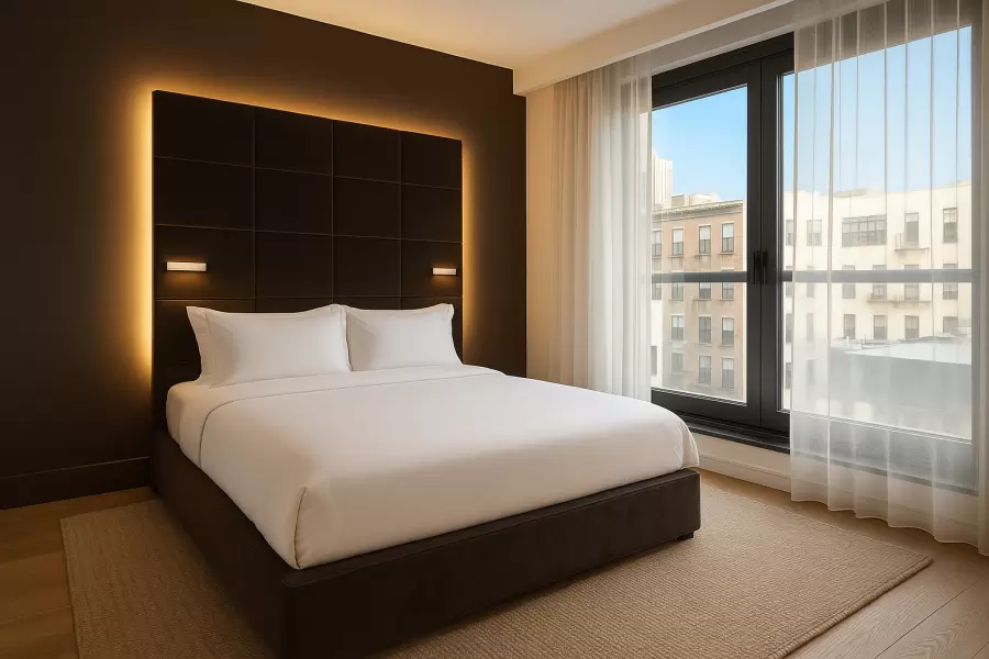 Our custom Miami bed in espresso velvet with tall panel headboard, integrated lighting, and minimal platform base.