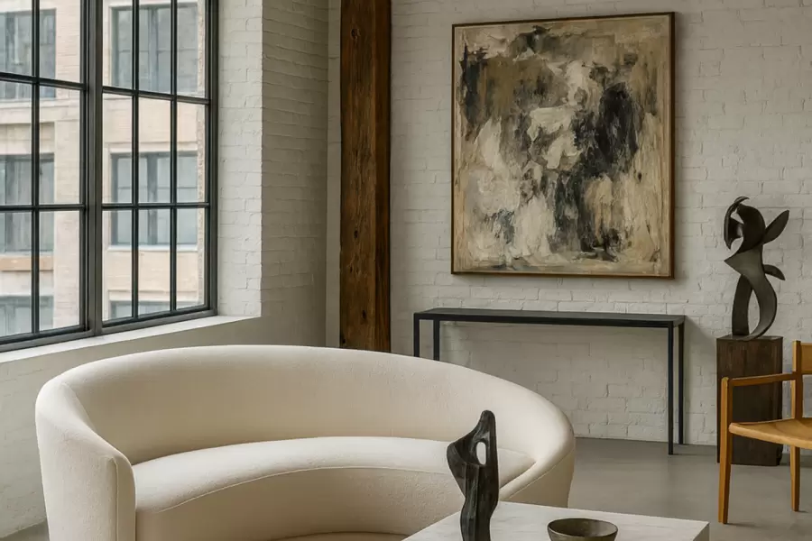 The Ilene is a sculptural, curved piece upholstered in a soft, boucle fabric. Its fluid silhouette creates a sense of modern elegance,