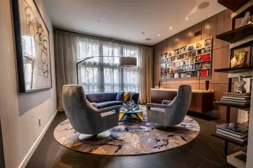 Our open-arm Knickerbocker chair in a stunning setting with a mid-century modern flare. Great interior design by Lauren Ostrow