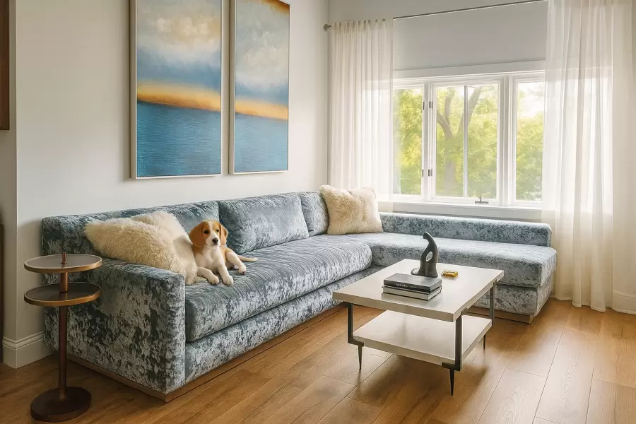 Our Beekman custom sectional in a serene setting. Also shown is our Luna cocktail table.