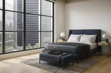 This downtown bedroom offers urban vibes and sophistication with our Bespoke upholstered bed and bench. 