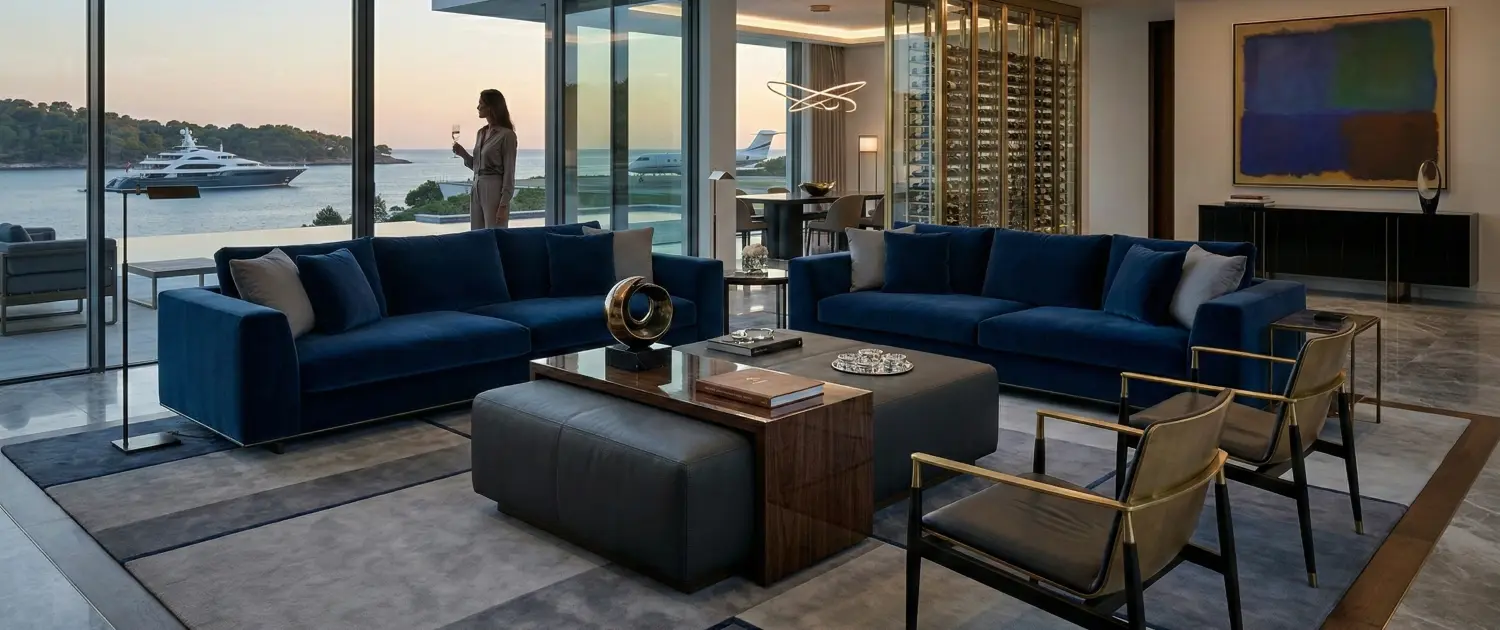 In center our barrow bridge ottoman table in a modern and elegant setting