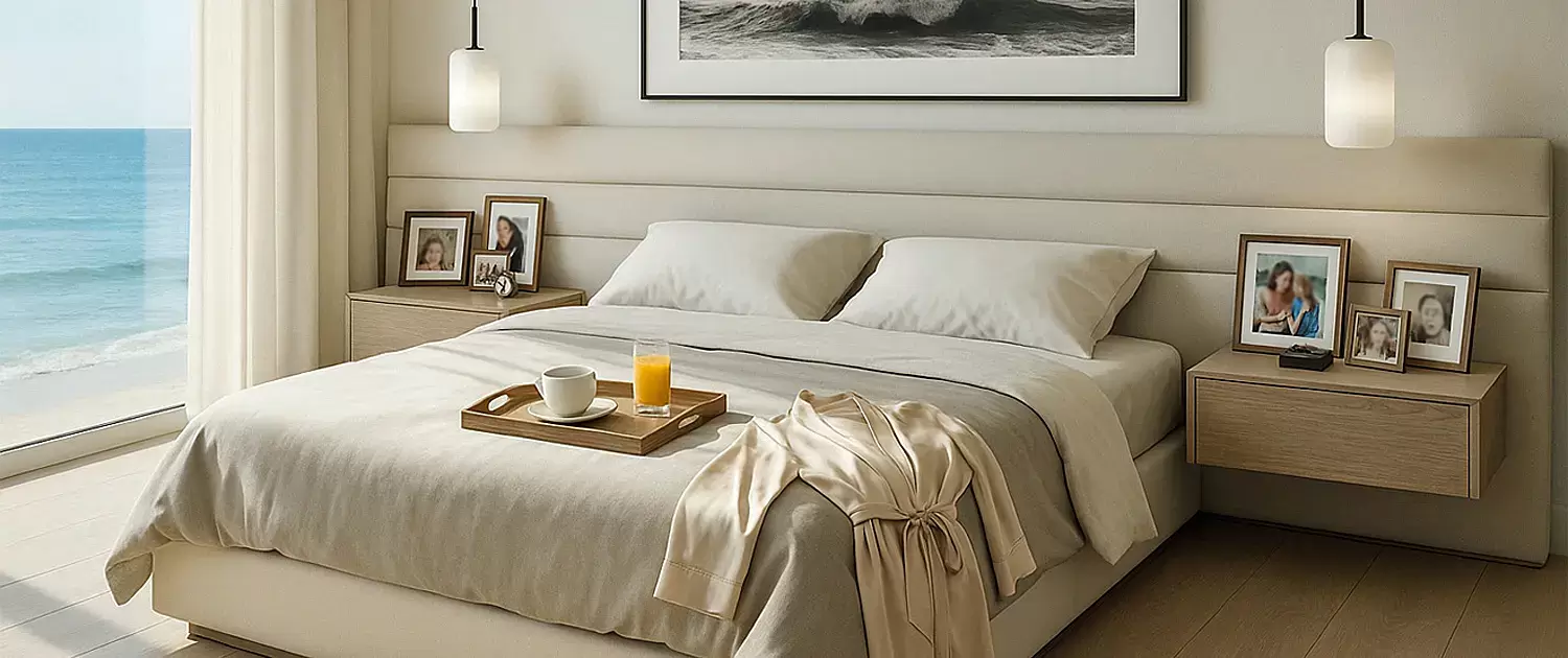 Our custom-upholstered bed, inspired by the Eckford design and reimagined with a subtly channeled headboard that adds depth and softness wit