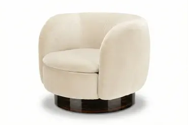 Chic barrel-back swivel chair with a sculpted silhouette and enveloping comfort, designed for refined lounge and accent seating.