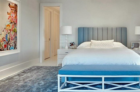 Elegant and modern light blue leather channeled custom upholstered headboard. Interiors: GHISLAINE VINAS INTERIOR DESIGN Upholstery: Bespoke by Luigi Gentile.  