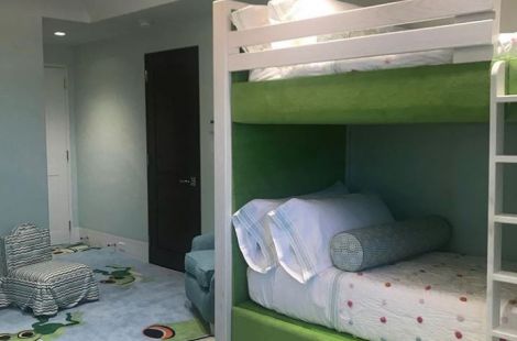 Fabulously fun and colorful custom made bunk beds and flower ottoman for a child's bedroom. Designer: Gale Sitomer. Upholstery: Bespoke by Luigi Gentile.