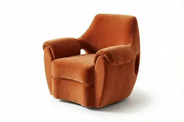 Retro-inspired club chair with a hidden swivel base and sculptural curves, designed for comfort and versatile style in modern interiors.